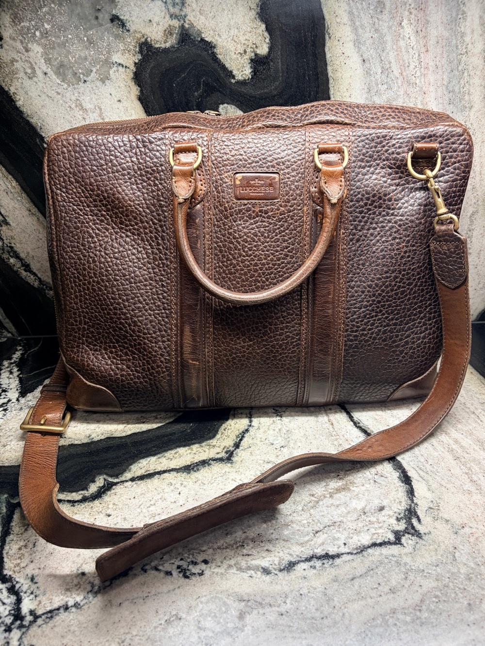 Lucchese Buffalo Leather Briefcase Messenger Laptop Bag Brown USA Luxury